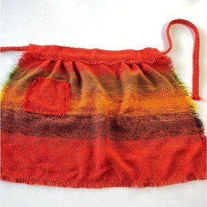Vintage 80s handmade half apron, orange yellow stripes, woven apron